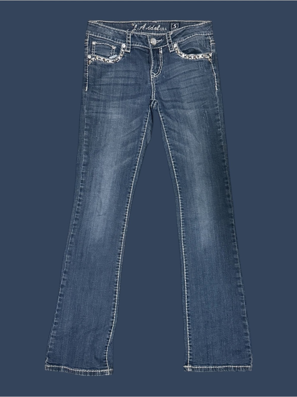 L.A. idol Women's Medium Blue Flare Jeans with Embellished Pockets